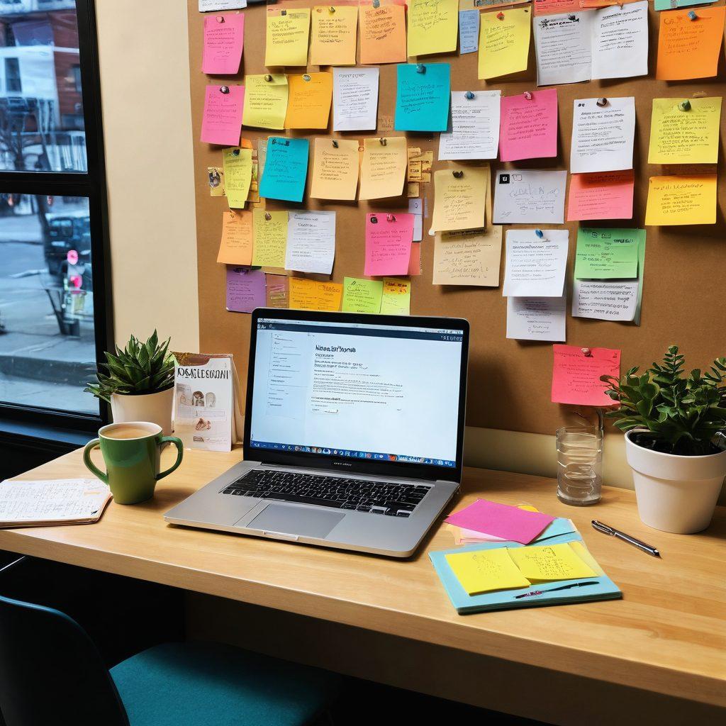 An inviting workspace featuring a cozy desk with an open laptop displaying a vibrant blog page. Surrounding the desk are colorful sticky notes with creative ideas and a cup of coffee. In the background, a community board filled with photos and notes from readers, showcasing engagement and connection. Bright, warm lighting envelops the scene, evoking a sense of collaboration and creativity. super-realistic. vibrant colors. cozy atmosphere.