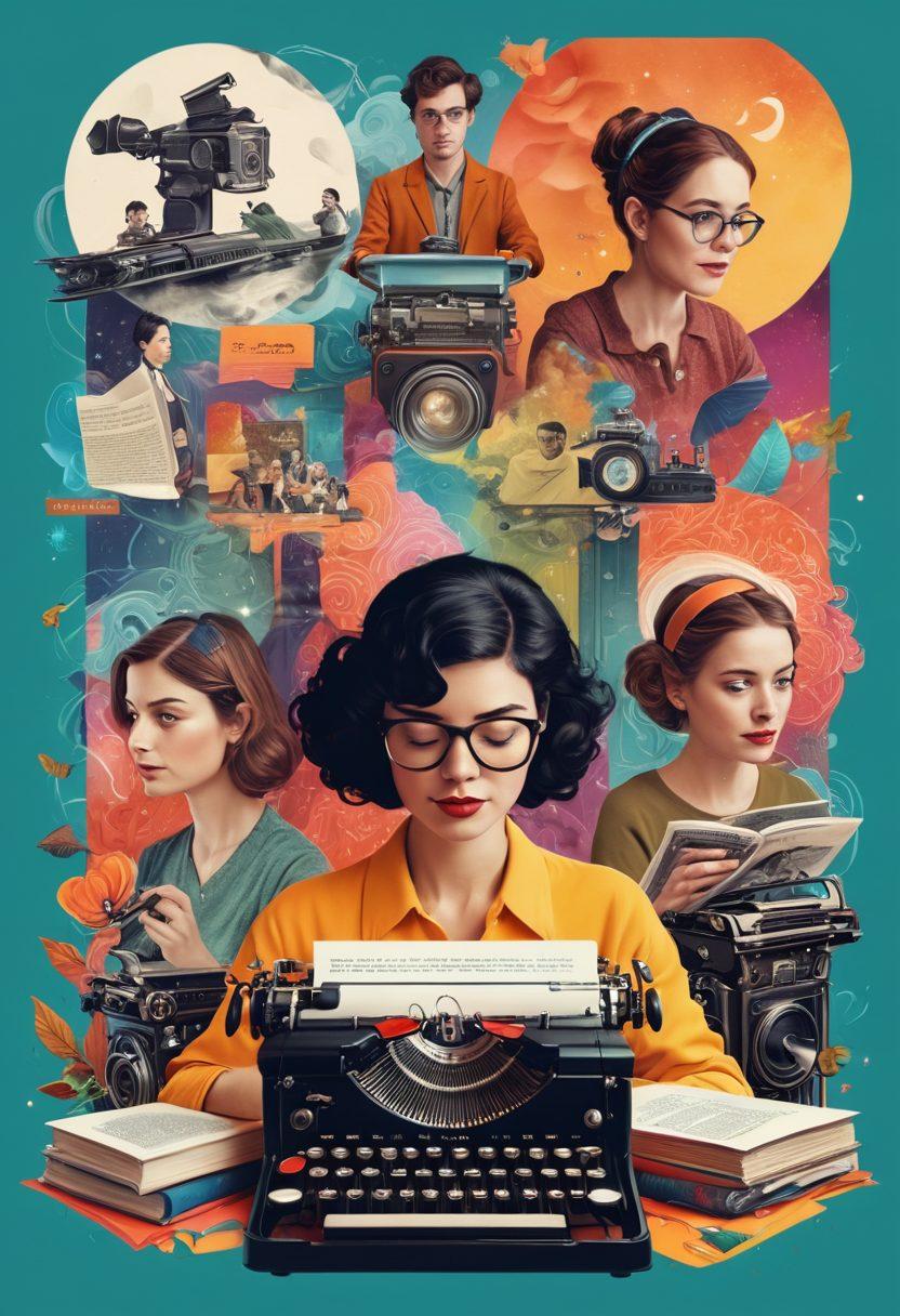 A mesmerizing digital collage featuring a diverse group of storytellers engaged in various forms of narrative art: a writer typing passionately on a vintage typewriter, a filmmaker directing a scene with a camera, an illustrator drawing vivid characters, and a podcast host speaking into a microphone. The backdrop is filled with swirling colorful stories, books, and film reels merging into one another, symbolizing the interconnected world of online storytelling. The atmosphere is dynamic and inspiring. vibrant colors. 3D.