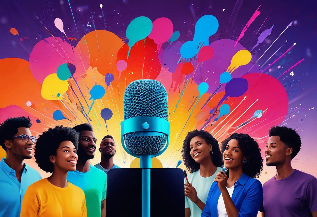 A vibrant landscape of a diverse group of individuals gathered around a large microphone that towers over them, symbolizing the unleashing of creativity and voices. Colorful thought bubbles filled with artistic icons like paint brushes, musical notes, and quills float above their heads. The background features a digital blog interface, blending creativity with technology, while rays of light represent inspiration flowing through the scene. super-realistic. vibrant colors. dynamic composition.